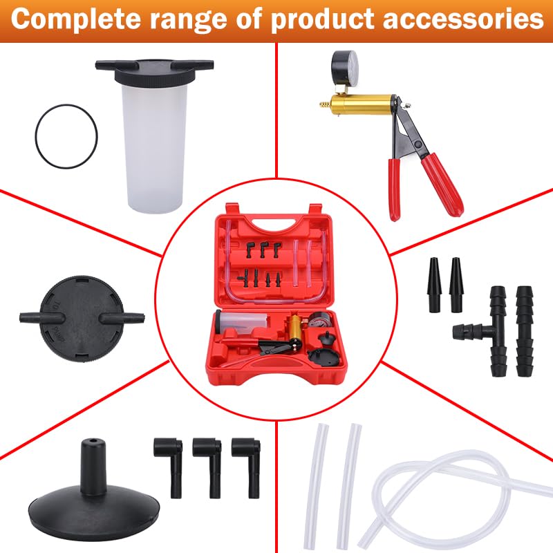 ZJERYL GULL 2 in 1 Brake Bleeder Kit with Hand Vacuum Pump with Gauge Adapters Automotive Brake Fluid Bleeding Set with Protected Case for Car Truck (Red) - Image 3